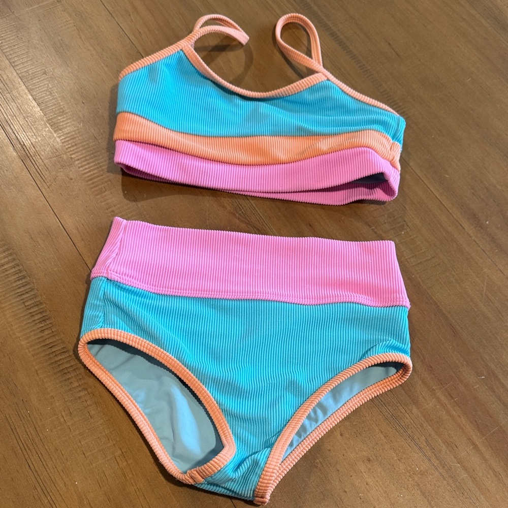 Beach Riot Kids Swim Bikini - Blue, Pink, and Orange